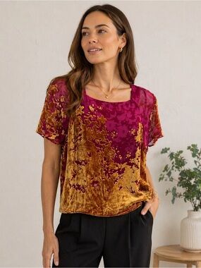 Maeve Velvet Burnout Short Sleeve Top in Magenta and Gold